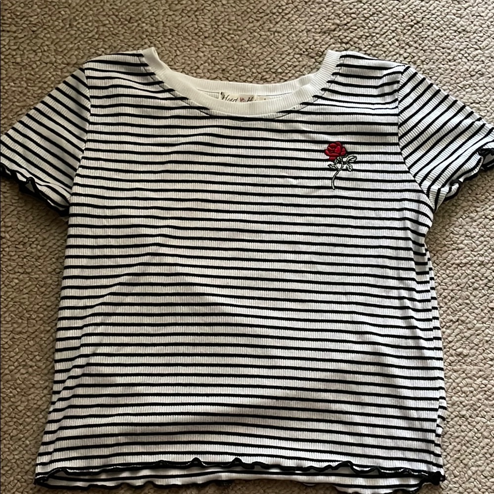 Striped Black and White Kids Shirt with Rose Embroidery